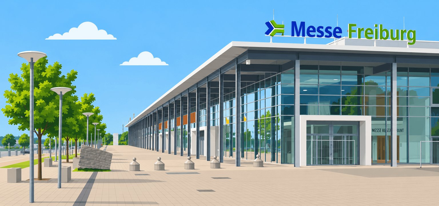 Messe Freiburg – Glasfront mit Eingang und Vorplatz